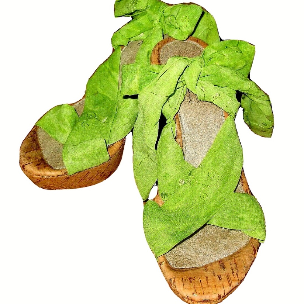 LUNA ROSA by Pazzo 4¼" H. CORK WEDGE PLATFORM HEEL Lime Green Ankle Wrap 6